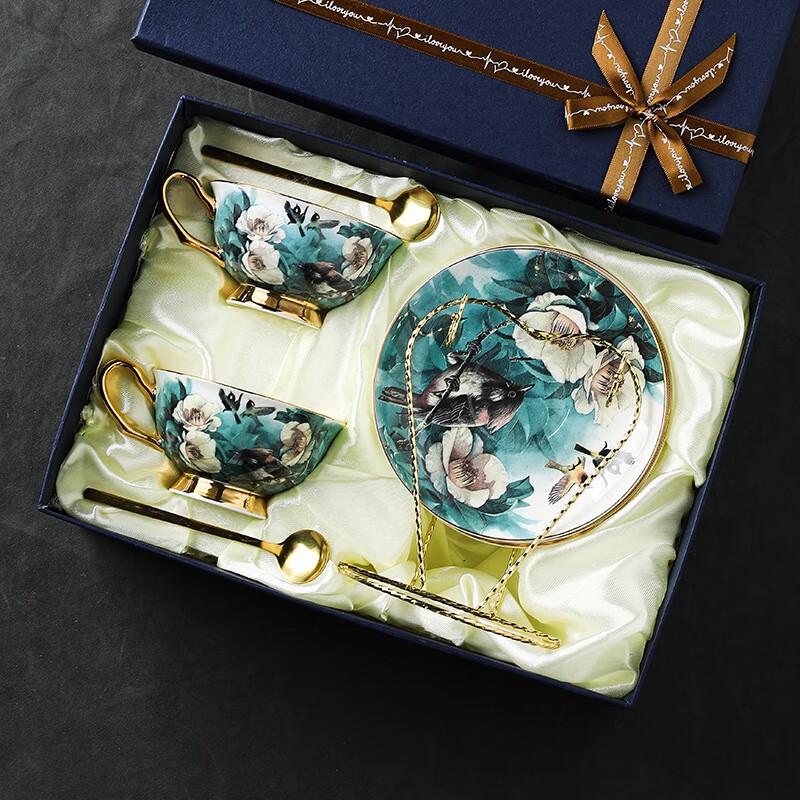 Rhododendron Ceramic Coffee Cup & Saucer Gift Set 2 Cups, 2 Saucers, 2 Spoons, 1 Cup Holder