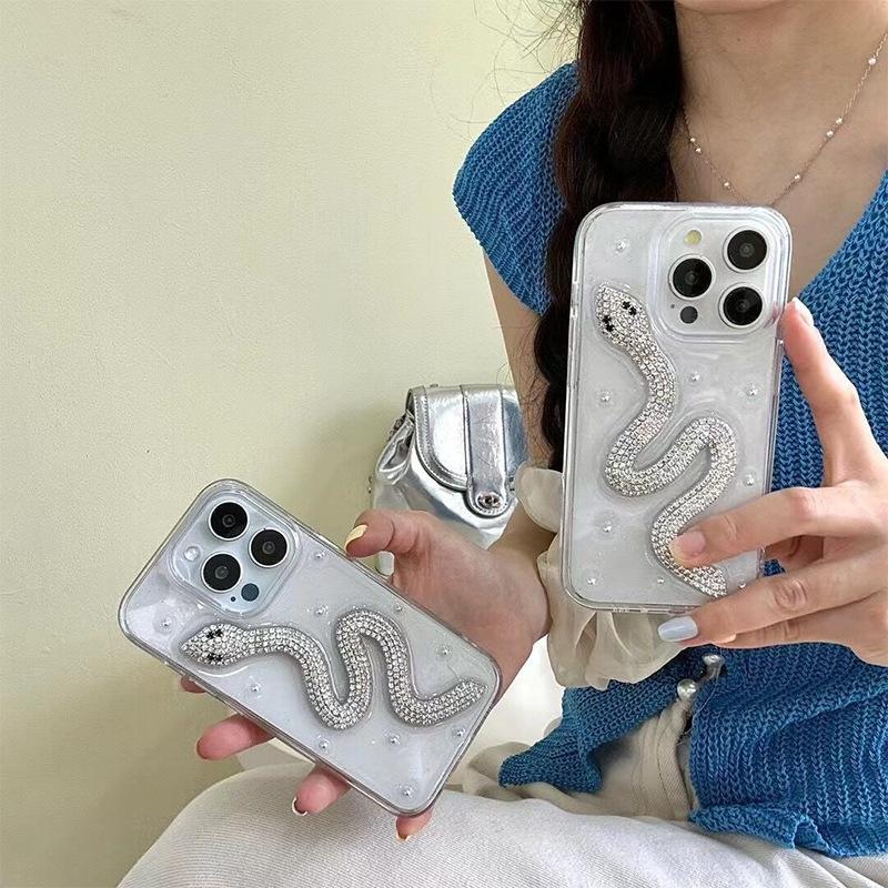 Epoxy Three-dimensional Rhinestone Snake Mobile Phone Case for Apple 17Promax Transparent for IPhone13Pro Flash Diamond 16