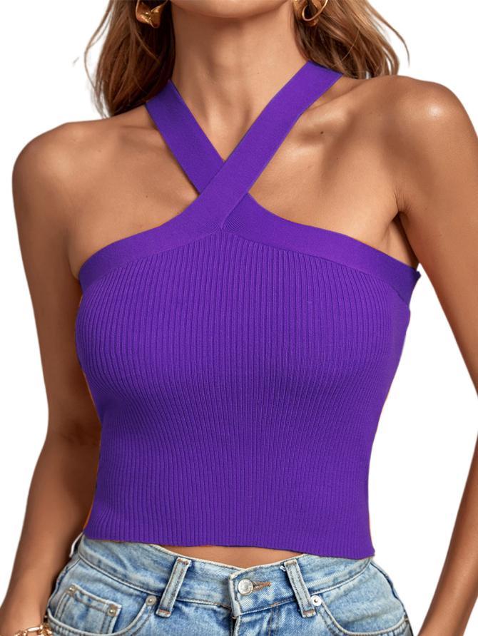 2024 Spring/Summer Women's Knitted Backless Cross Halter Strap Bralette Sweater Tank Top