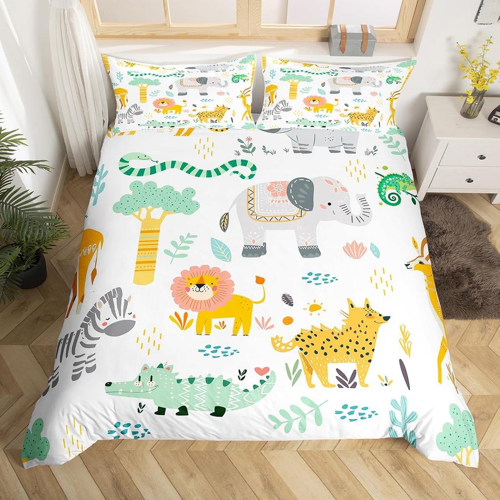 Kid Zoo Tier Bettbezug Niedliche Wildtiere Giraffe Bettwäsche Set Cartoon Löwe Nilpferd Schildkröte Yak Bettdeckenbezug Polyester Steppdeckenbezug