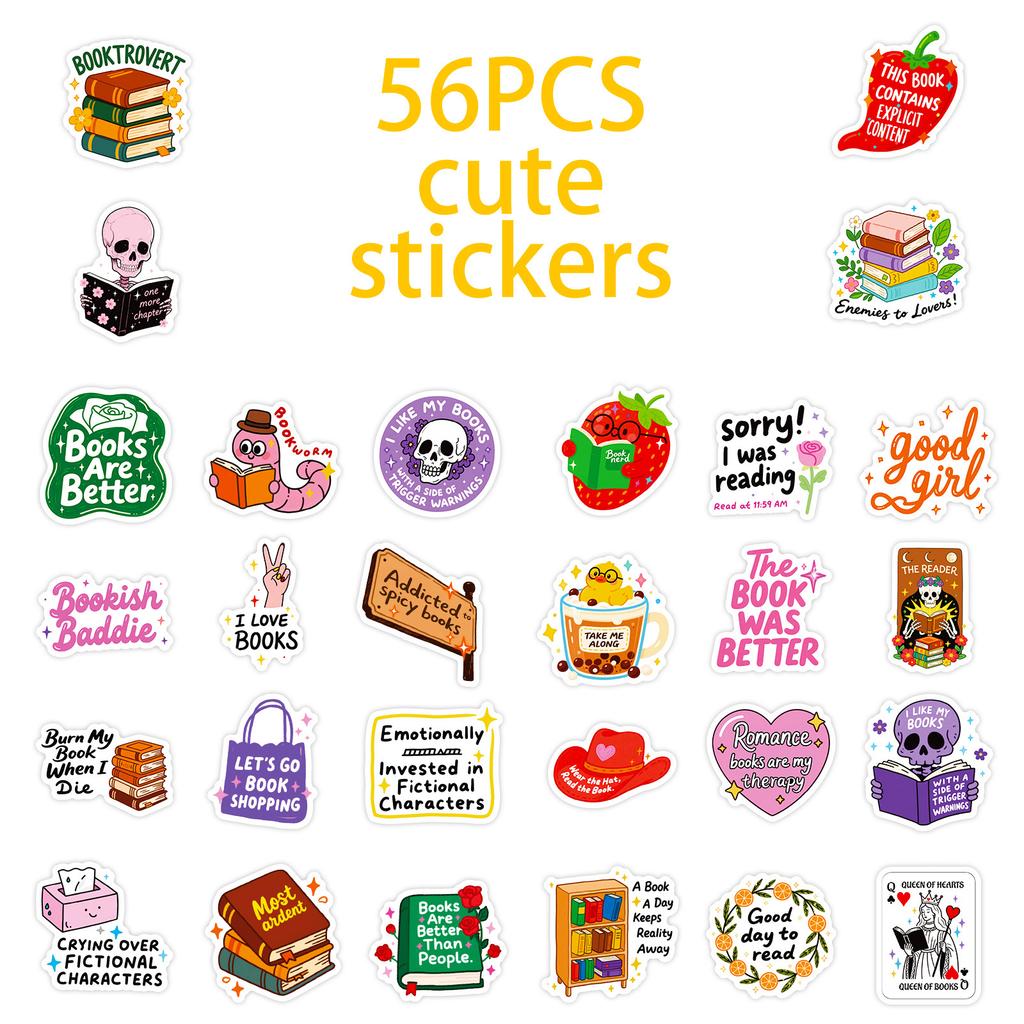 56 Reading Book-Themed Cartoon Text-On-Video Full English Skateboard Guitar Decorative Stickers