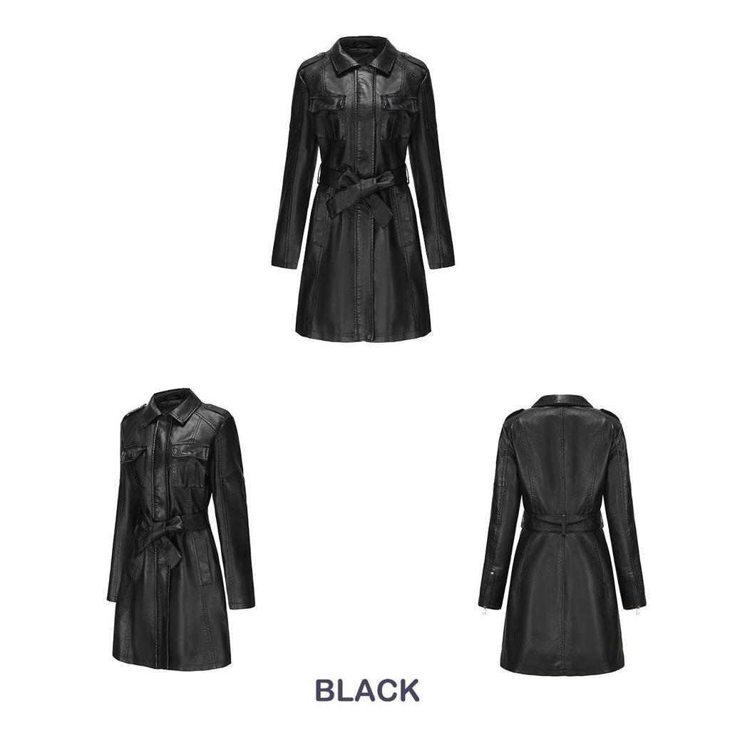2023 European & American Mid-Length Belted Leather Trench Coat, Long Sleeve, British Style Outerwear for Women