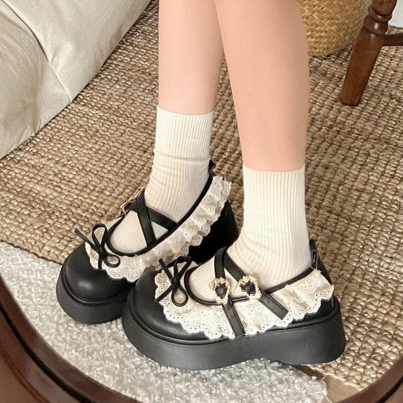 Plateau kleine Lederschuhe Damen Lolita Spitze Frühling neu Schleife vielseitiger Rock Mary Jane Einzelschuhe
