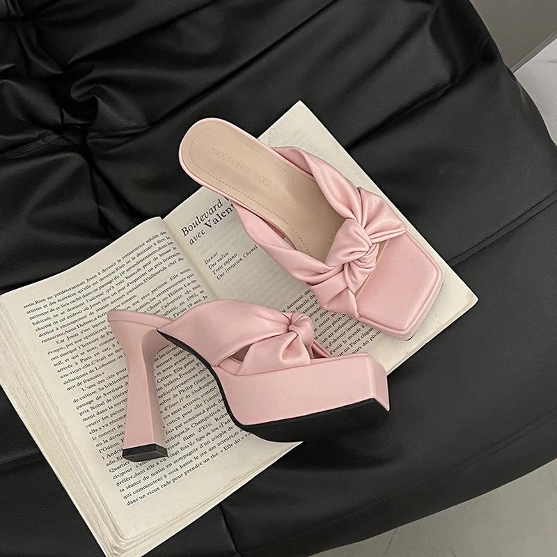 

Летние шлепанцы на высокой платформе и высоком каблуке для женщин, элегантные туфли-лодочки с открытым носком и бантом-бабочкой для вечеринки в ночном клубе 35 розовый