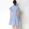 Elegant Lace Embroidery Hollow-out Mini Dress for Women Lapel High Waist A-Line Short Sleeve Single Belt Short Dress Summer
