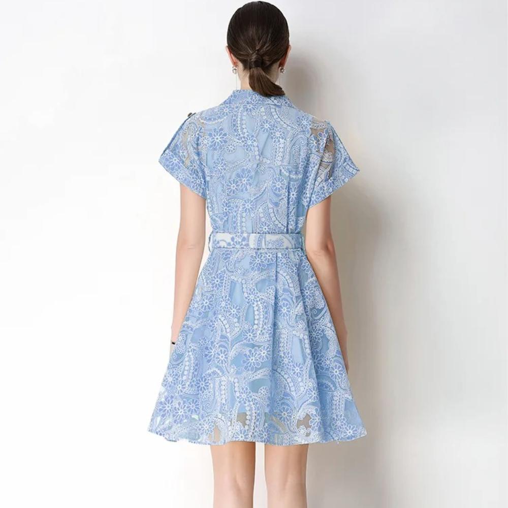 Elegant Lace Embroidery Hollow-out Mini Dress for Women Lapel High Waist A-Line Short Sleeve Single Belt Short Dress Summer