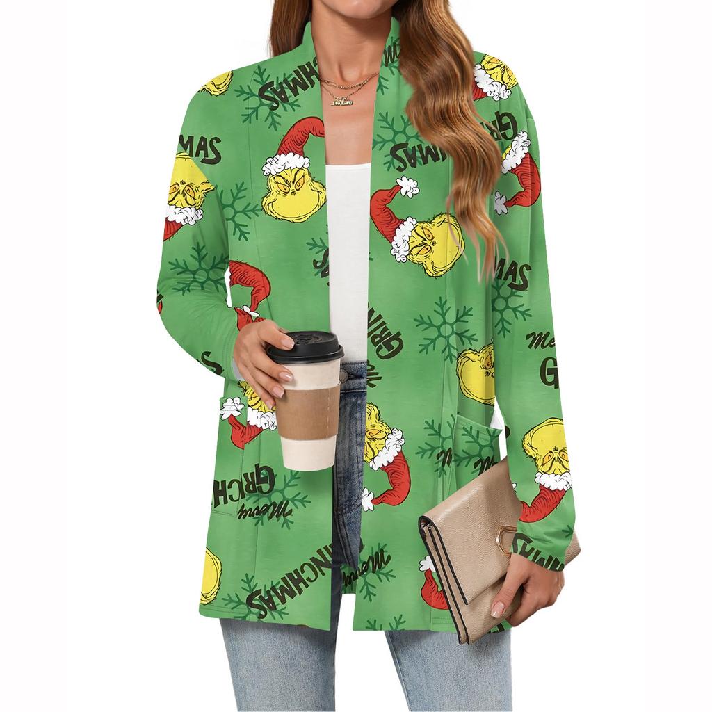 Women's Christmas Printed Lightweight Cardigan Long Sleeved Casual Loose Thin Fit With Pockets Cardigan Jacket