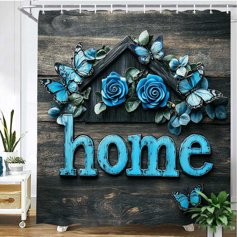 Schöne blaue Rosenblumen Schmetterlingsmuster bedruckter Stoff Duschvorhang Badezimmervorhang, Heimdekorationsvorhang mit Haken