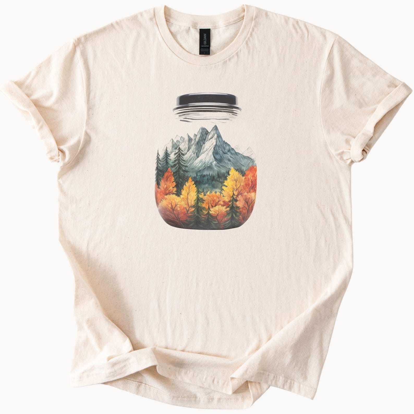 Mountain Forest in Jar Graphic Tee Autumn Fall Nature Outdoors Scenic Landscape Shirt Hiking Adventure Apparel Unique Illustration 150
