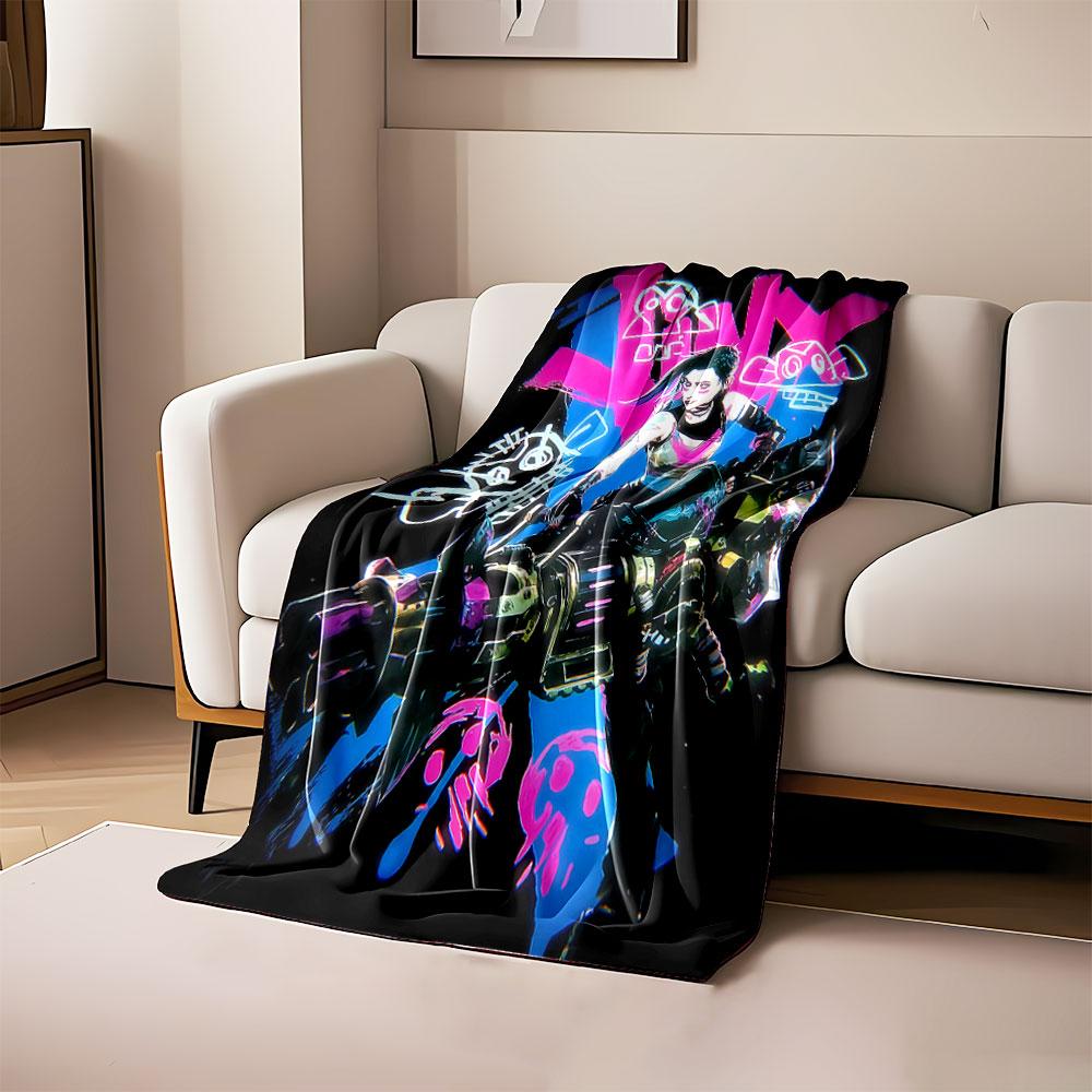 

A vibrant futuristic character wielding a large weapon, with graffiti art. for all seasons blanket lunch break throw gift 80cm x 120cm
