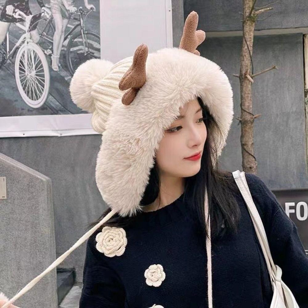 New Warm Winter Hat Ear Protection Velvet Bear Ears Hat Antlers Rabbit Ear Woolen Bucket Hat Women