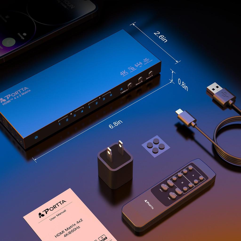 PORTTA 4K 60Hz HDMI Matrix 4x2 4 Input 2 Output Switch Splitter with Toslink Audio Extractor ARC 16 Different EDID Modes 4K Downscale IR Remote