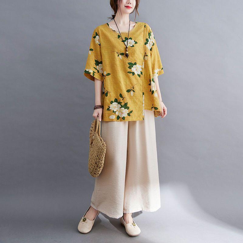 Móda pro matky středního věku Letní bavlněný a lněný oblek Letní luxusní nadměrná velikost Dvoudílný set s krátkým rukávem Tričko s krátkým rukávem + Kalhoty se širokými nohavicemi