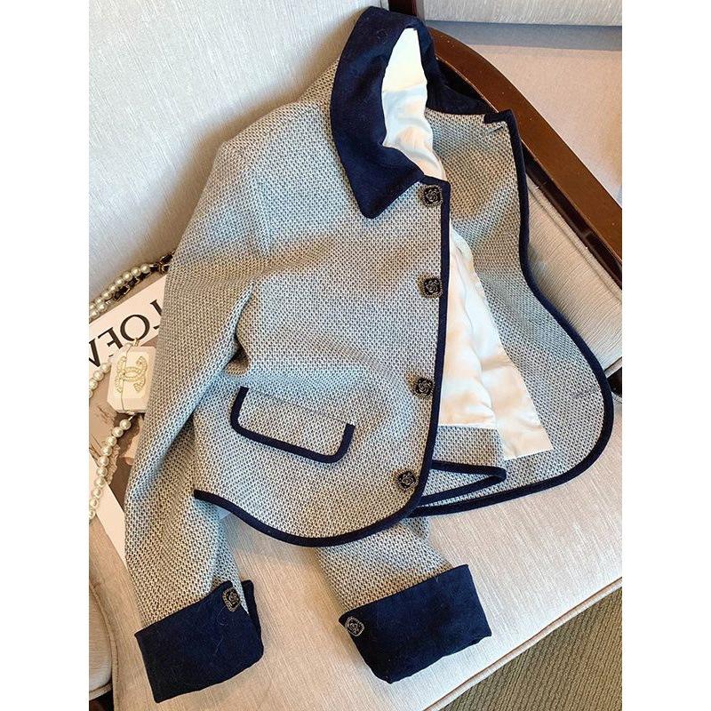 Contrasting Color Small Fragrance Style Jacket for Women In Spring and Autumn Fashionable Small Korean Temperament Casual Lapel Short Top