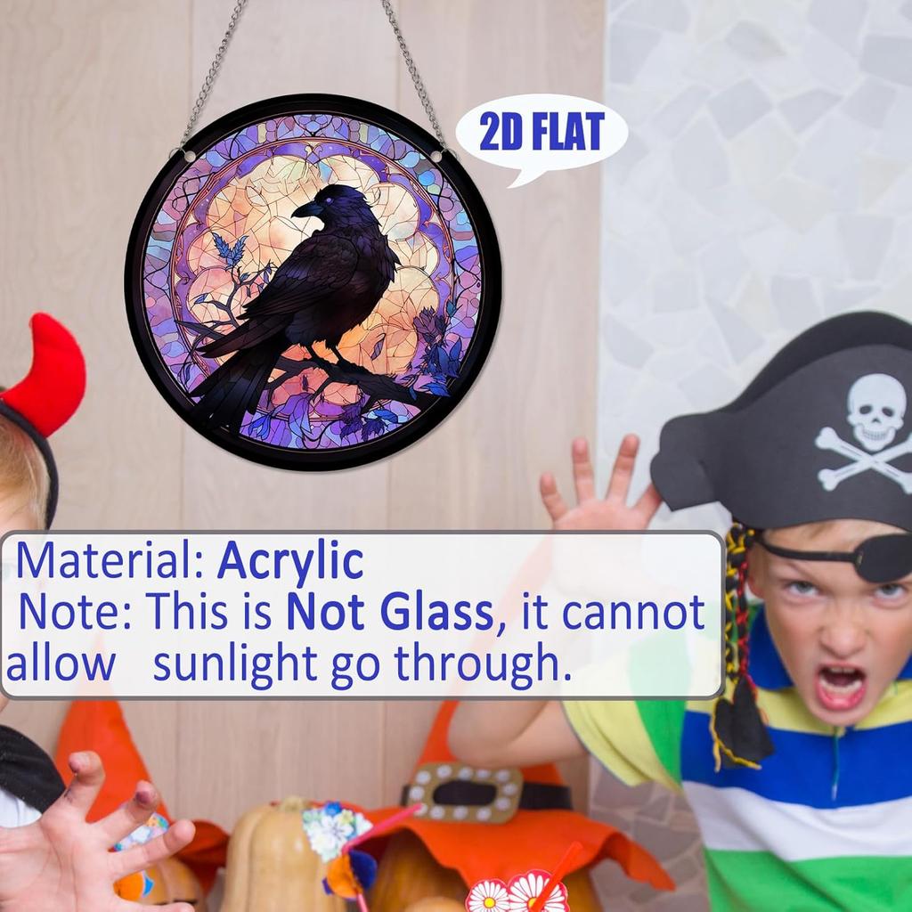 Crows Halloween Decor Reddish Purple Crow Stained Acrylic Window Hanging, Halloween Fall Horror Gothic Witchy Indoor Round Wall Art Decor Raven Gifts