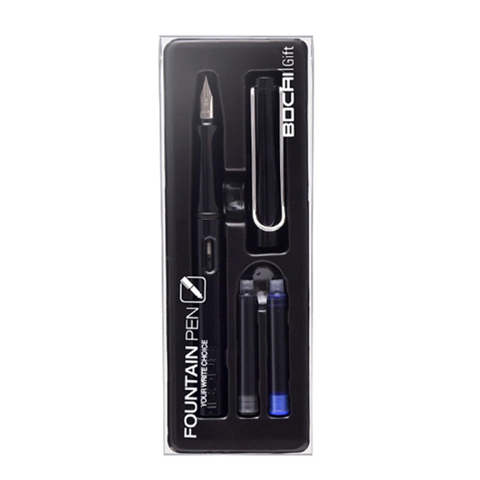 Painter Unisex Kids Black Refillable Fountain Pen With Ink Cartridge Stainless Steel Chrome Plated 0.38Mm Nib Writing Pen Set