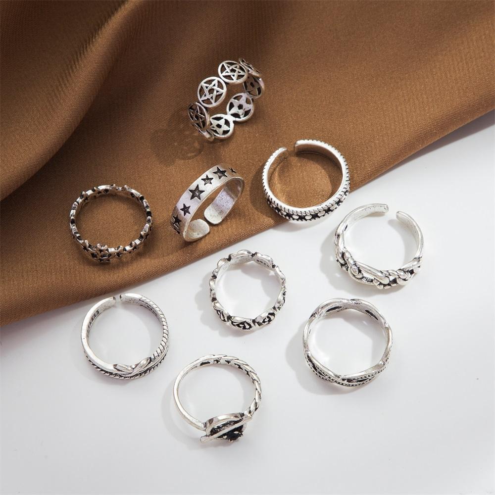 Trendy Antique Silver Color Ring Set Punk Hip Hop Street Style Women Fashion Jewelry Gift