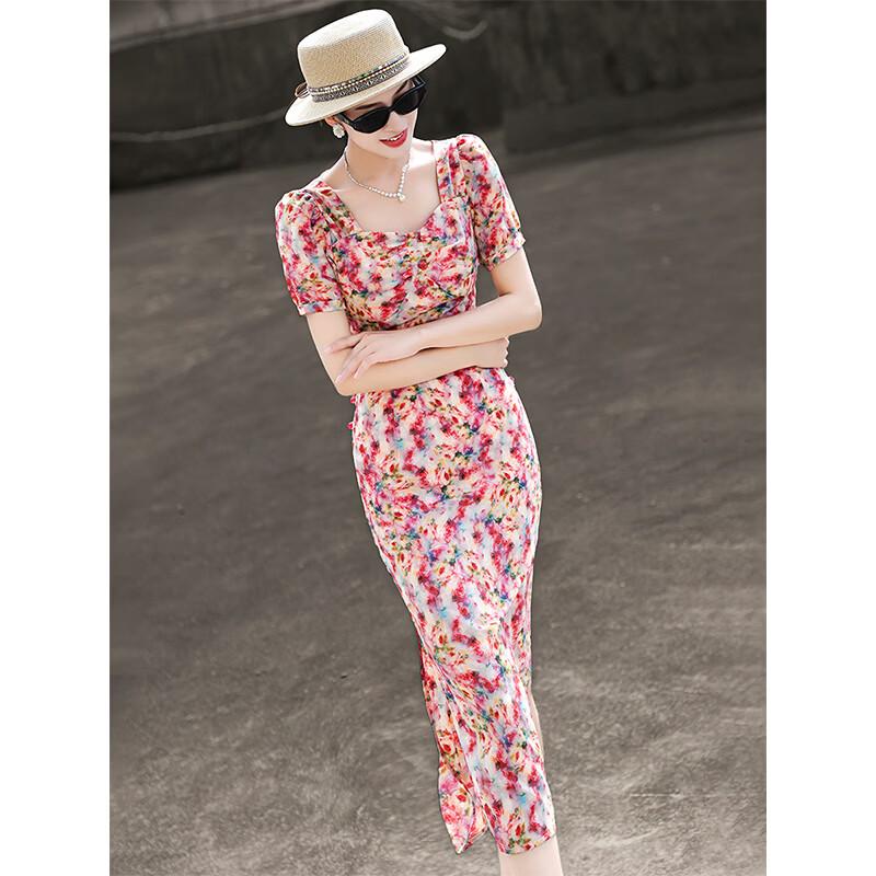 Lan Se Er 2026 Summer French Floral Puff Sleeve Sheath Dress XL