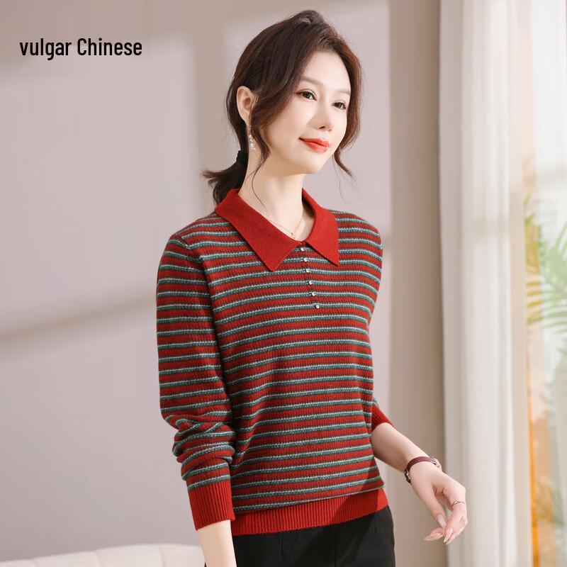 

Women s Autumn/Winter Striped Turn-down Collar Knit Sweater 2XL