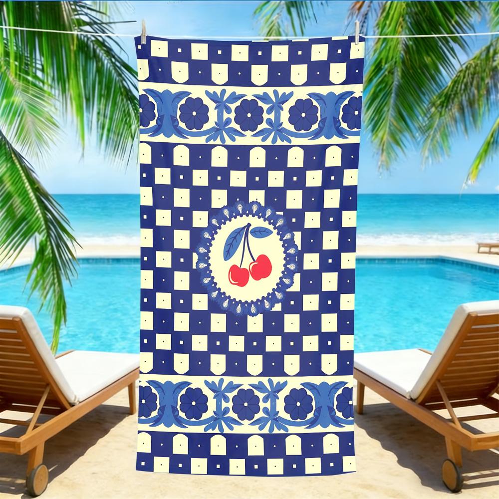 

Retro Cherry Picnic Towel – Absorbent Sand Resistant with Blue Gingham & Chinoiserie Print for Summer W40*H60(CM)
