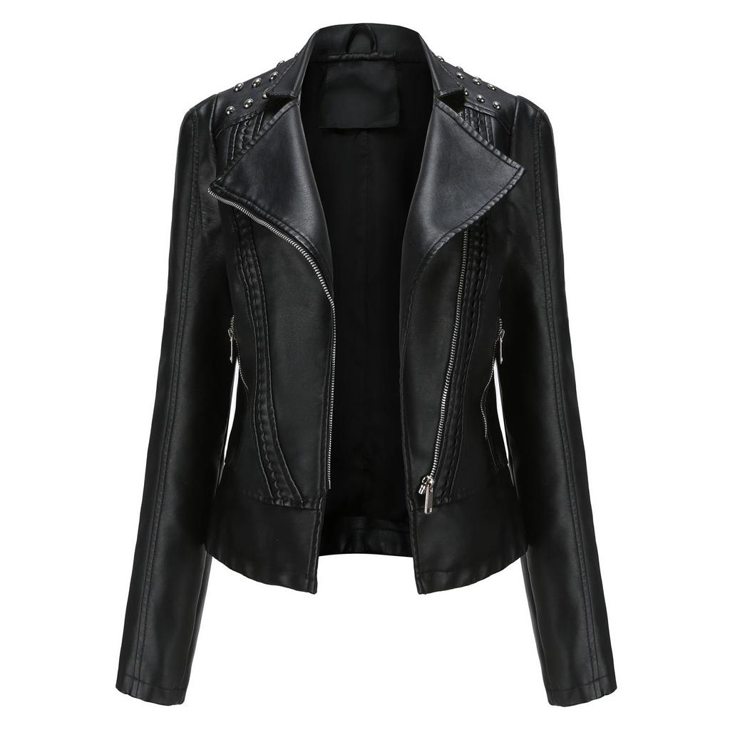 European Women's Beaded Leather Motorcycle Jacket - Long Sleeve, Lapel, Thin Fashion for Spring and Autumn 2023