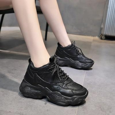 Fashion Women Platform Sneakers Leather Casual Ladies Chunky Shoes White Woman High Black Fashion Brand Thick Soled Wedge Sneakers