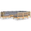10 Piece Garden Lounge Set with Grey Cushions Solid Pine Wood