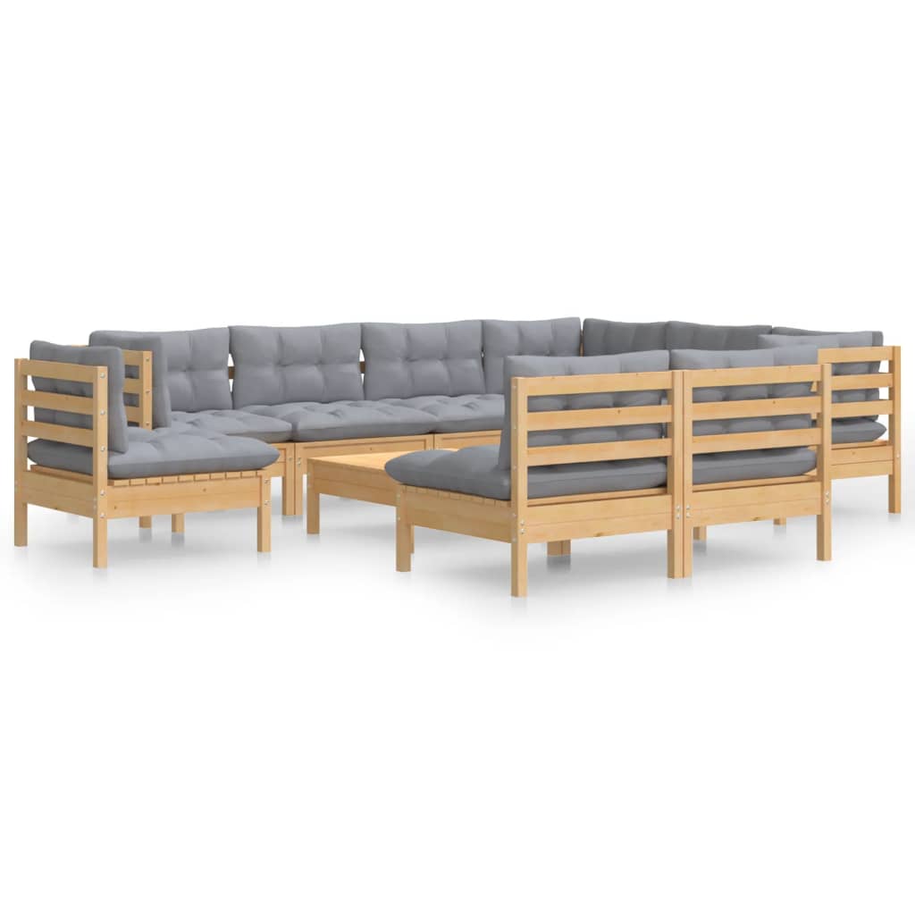 10 Piece Garden Lounge Set with Grey Cushions Solid Pine Wood
