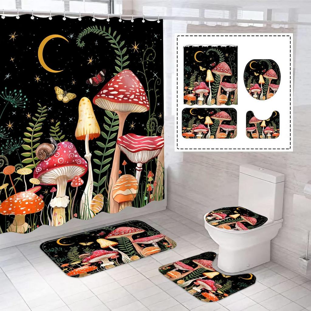 Mushroom Butterfly Flower Shower Curtain Set Non-Slip Rugs Toilet Lid Cover Bath Mat Moon Stars Waterproof Retro Bathroom Set