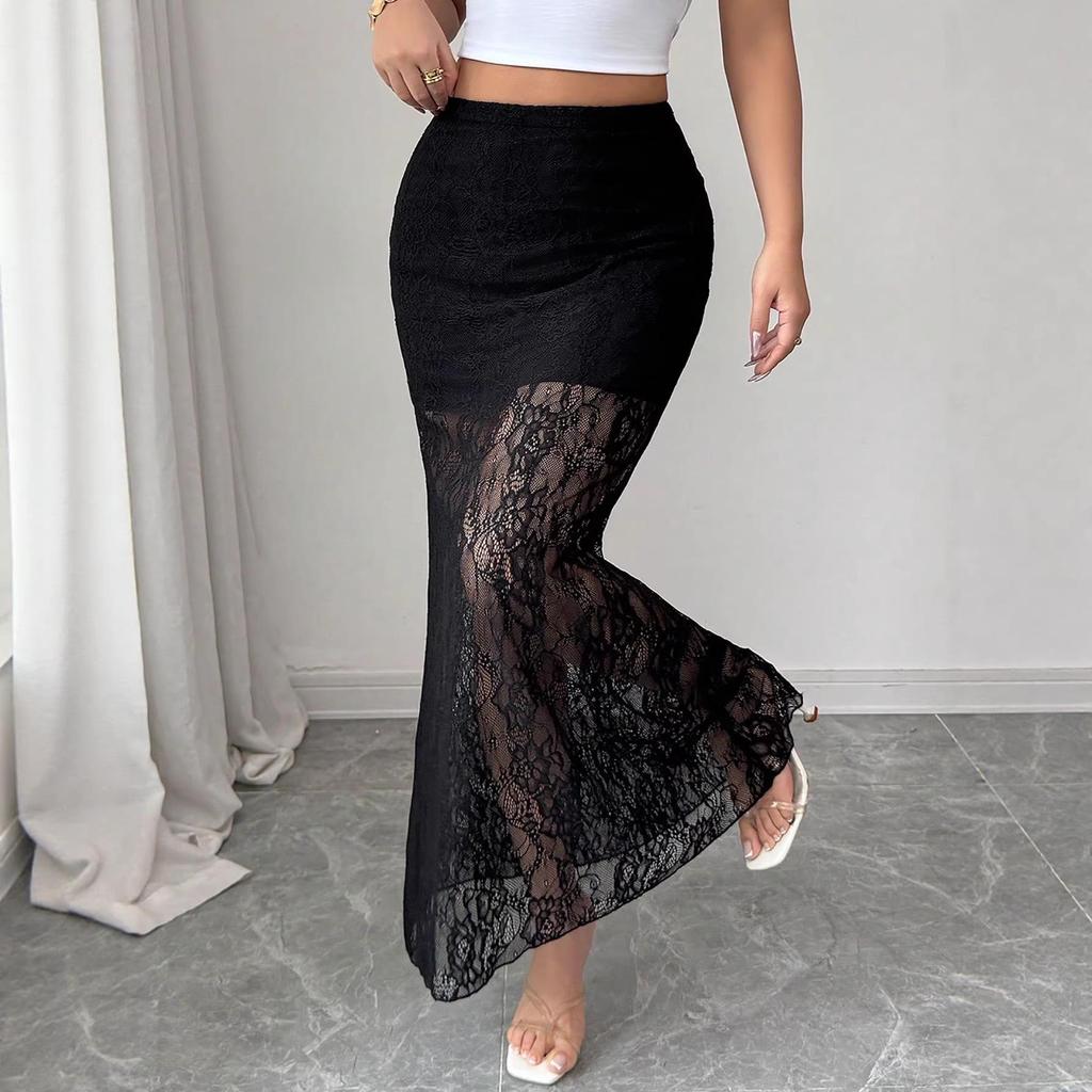Y2 Damen Schwarzer Spitzen Durchsichtiger Schlankmachender Langer Rock - Frühling/Sommer Mode