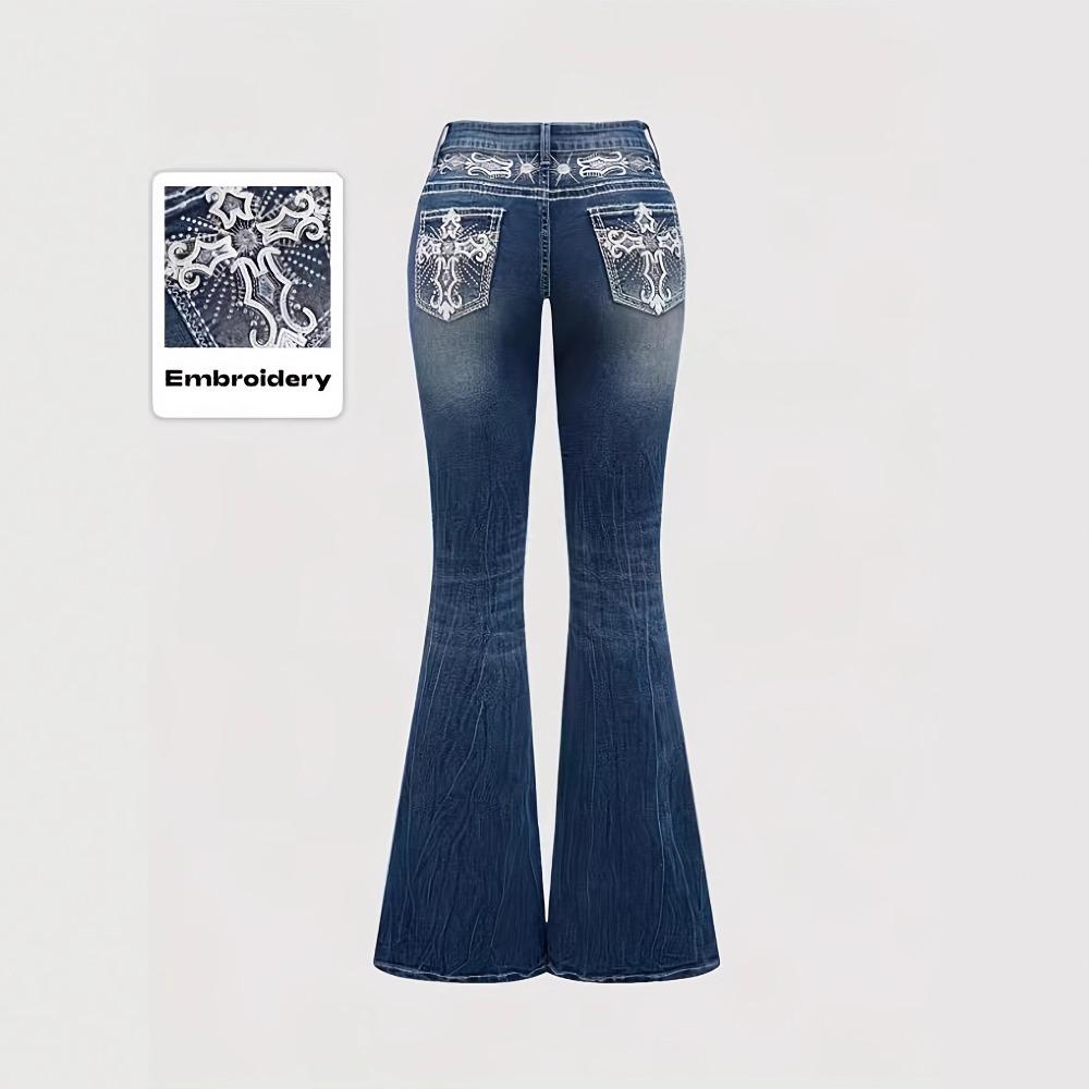 Damen Jeans mit mittlerer Leibhöhe Bootcut Slim Fit Mittlere Dehnbarkeit Kreuzstickerei Strasssteine Dunkel gewaschene Denim Hose Western Herbst Schlaghosen