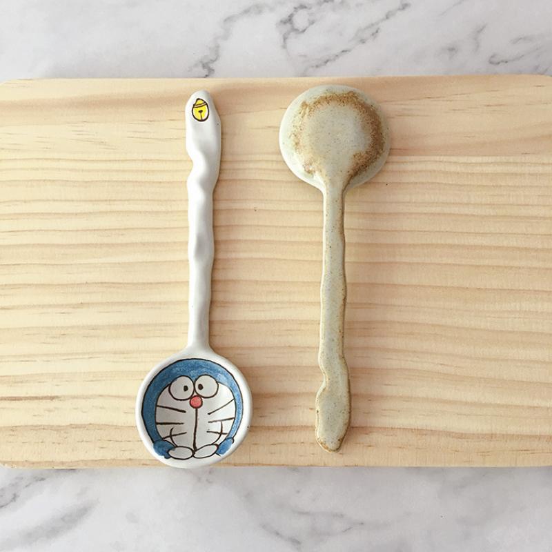 Japanese Creative Hand-painted Cartoon Cat Ceramic Spoon Handwork Clay Small Soup Spoon Dessert Ice Cream Scoop Tableware