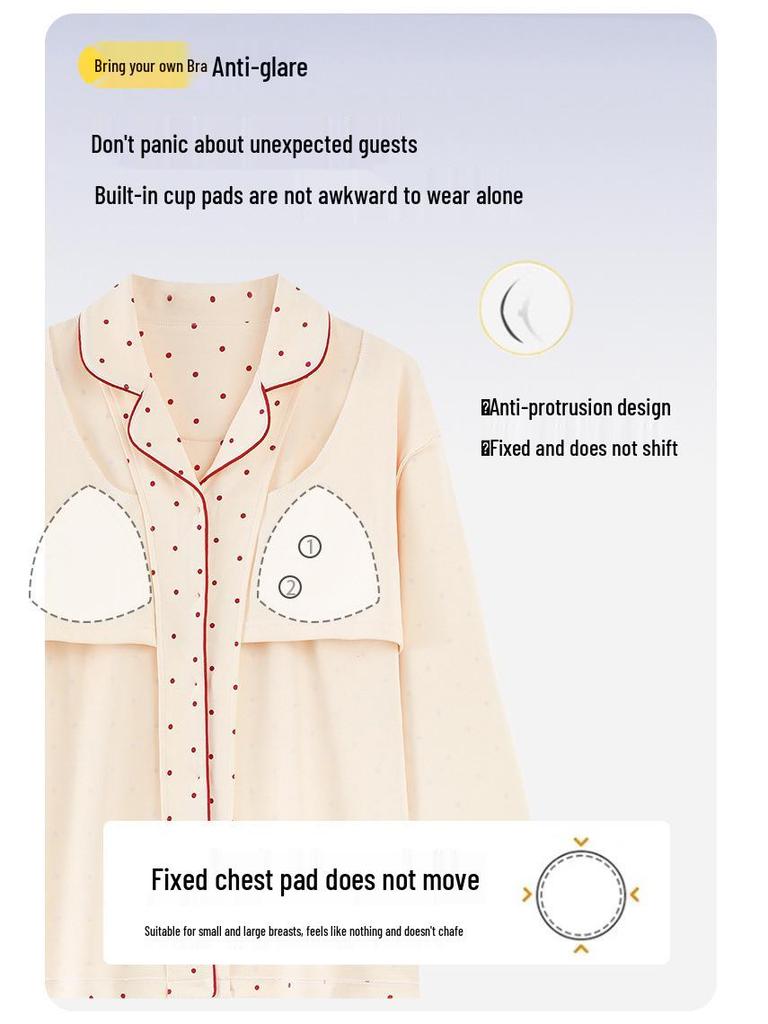 Women's Pure Cotton Pajama Set with Chest Pad, Long Sleeve Cardigan, and Lapel - Spring/Autumn 2025 Style.