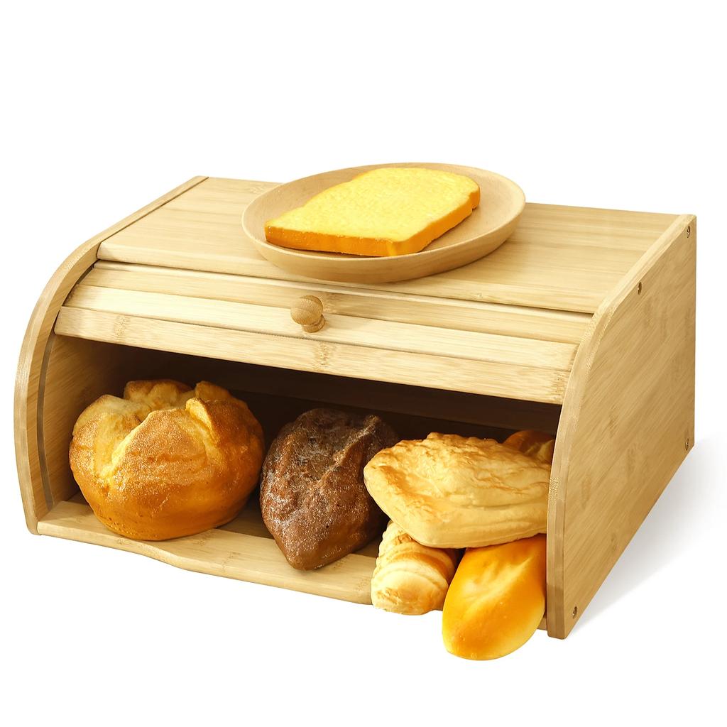 Bamboo Bread Storage Box Large Capacity Kitchen Countertop Bread Container with Roll Top Lid Bagels Storage Bin for Cookies