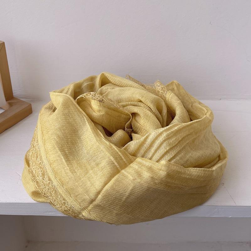 Sanftes Temperament Spitze Plissee Langer Baumwollleinen Schal für Damen Frühling und Herbst Reine Baumwollgaze Schal Sonnenschutz