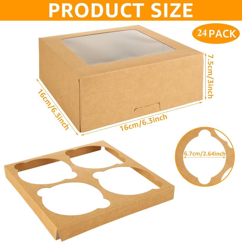 

24 шт./упаковка, коробка для кексов, вмещающая 4 стандартных кекса, коричневый контейнер для кексов с окошком и вставкой, подставка для кексов пищевого класса pack of 24pcs