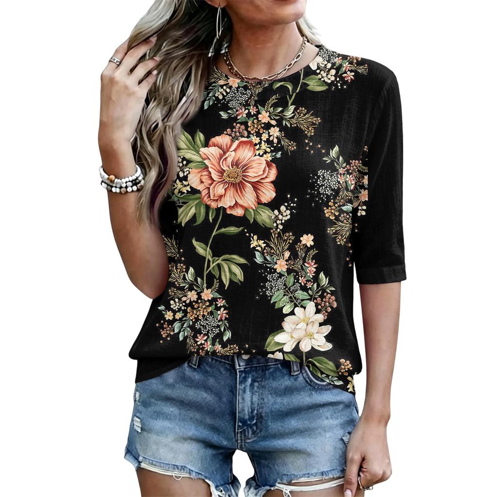 Women's Casual Loose Fit Half Sleeve Top Floral Print Round Neck Lightweight Comfortable Blouse for Everyday Wear