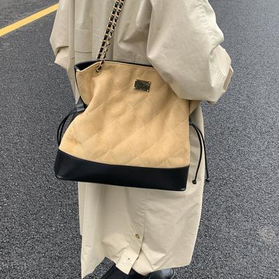 Lingge Chain Bag Vintage Bucket Bag Women's Stitching Shoulder Bag Commuter Crossbody Bag