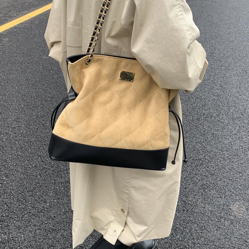Lingge Chain Bag Vintage Bucket Bag Women's Stitching Shoulder Bag Commuter Crossbody Bag