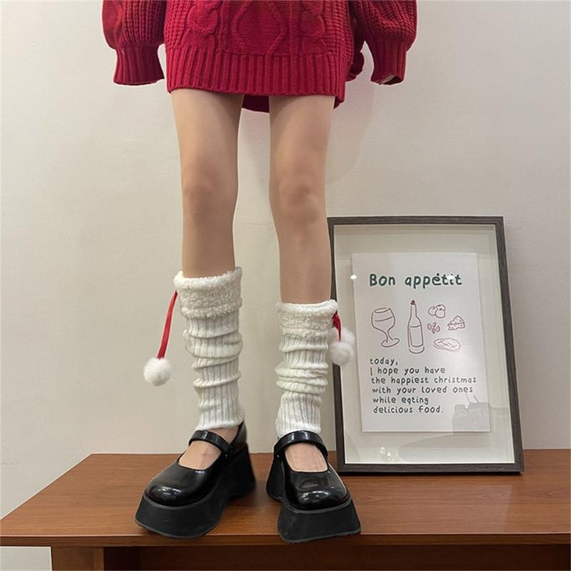 Women Winter Ribbed Knit Leg Warmer Stockings Y2K Harajuku Furry Trim Plush Ball Bow Christmas Leg Cover Long Boot Socks