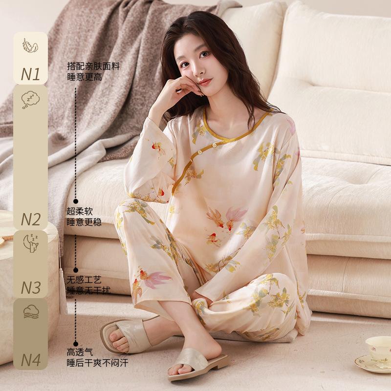 Lyocell Cotton and Silk 1011 Spring and Summer New Cotton and Silk Pajamas Cotton and Silk Homewear Women's National Style Suit Can Be Worn Outside