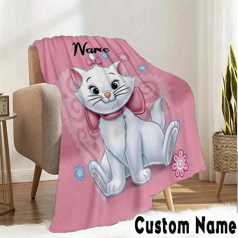 Custom Name Elegant white cat Blanket Bedding Blanket Picnic Blanket for Women Men, Throw Blankets for Couch Bed, Christmas and Halloween gifts