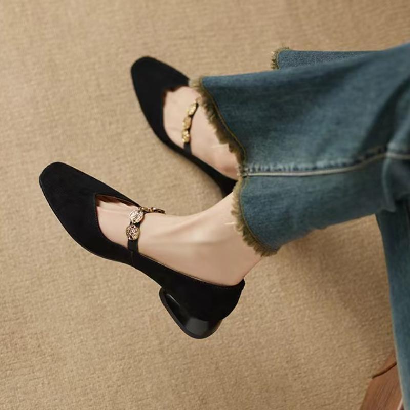 Fashion Women Single Shoes Metal Heels Shallow Mouth Branded Pumps Mary Jane Single Shoes Ladies Metalic Latest Low Zapatillas De Mujer