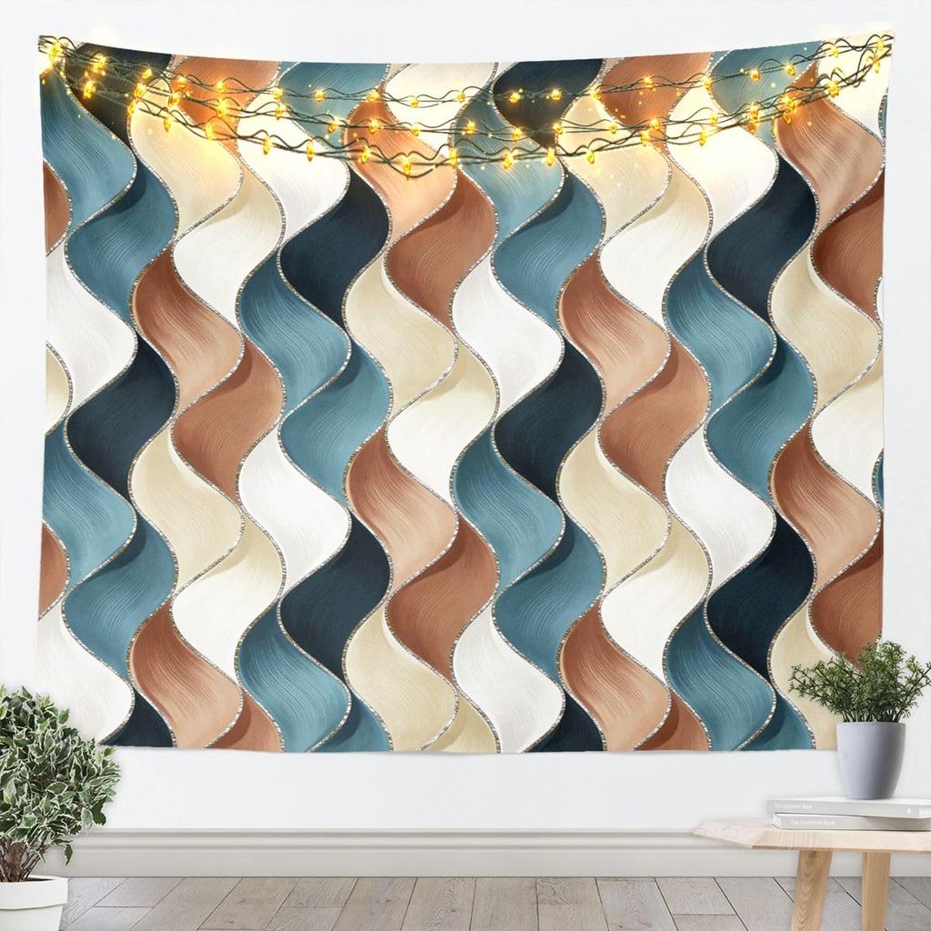 Modern Abstract Wave Tapestry, Layered Curved Pattern Wall Art in Earthy Tones for Bohemian Home & Minimalist Room Decor