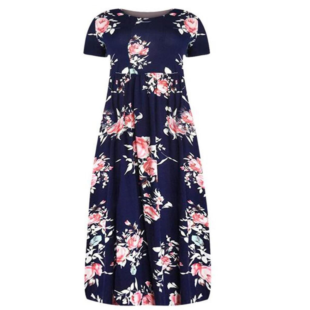 Plus Size Women Casual O-Neck Summer Short Sleeve Print Loose Pocket Long Dress