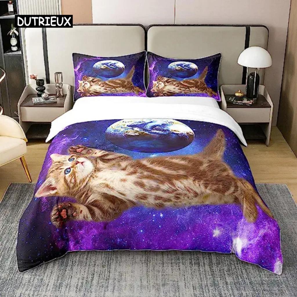 Paplanhuzat Galaxy macskák nőknek gyerekeknek 3D macskás ágynemű szett aranyos állatos téma paplanhuzat Galaxy mikroszálas paplanhuzat