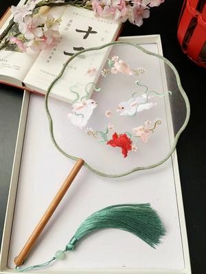 Chinese Traditional Art Embroidery Wooden Hand Fan, Classical, Ancient Dance Costume, Han Fu Cheongsam with Long Handle, Tasse
