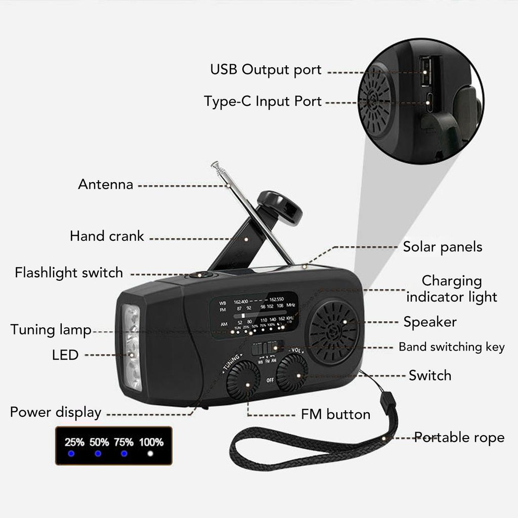 Solar Radio 2000mAh Battery Type C Charging Phone Emergency Weather Radio IPX3 Water Proof Portable for Camping