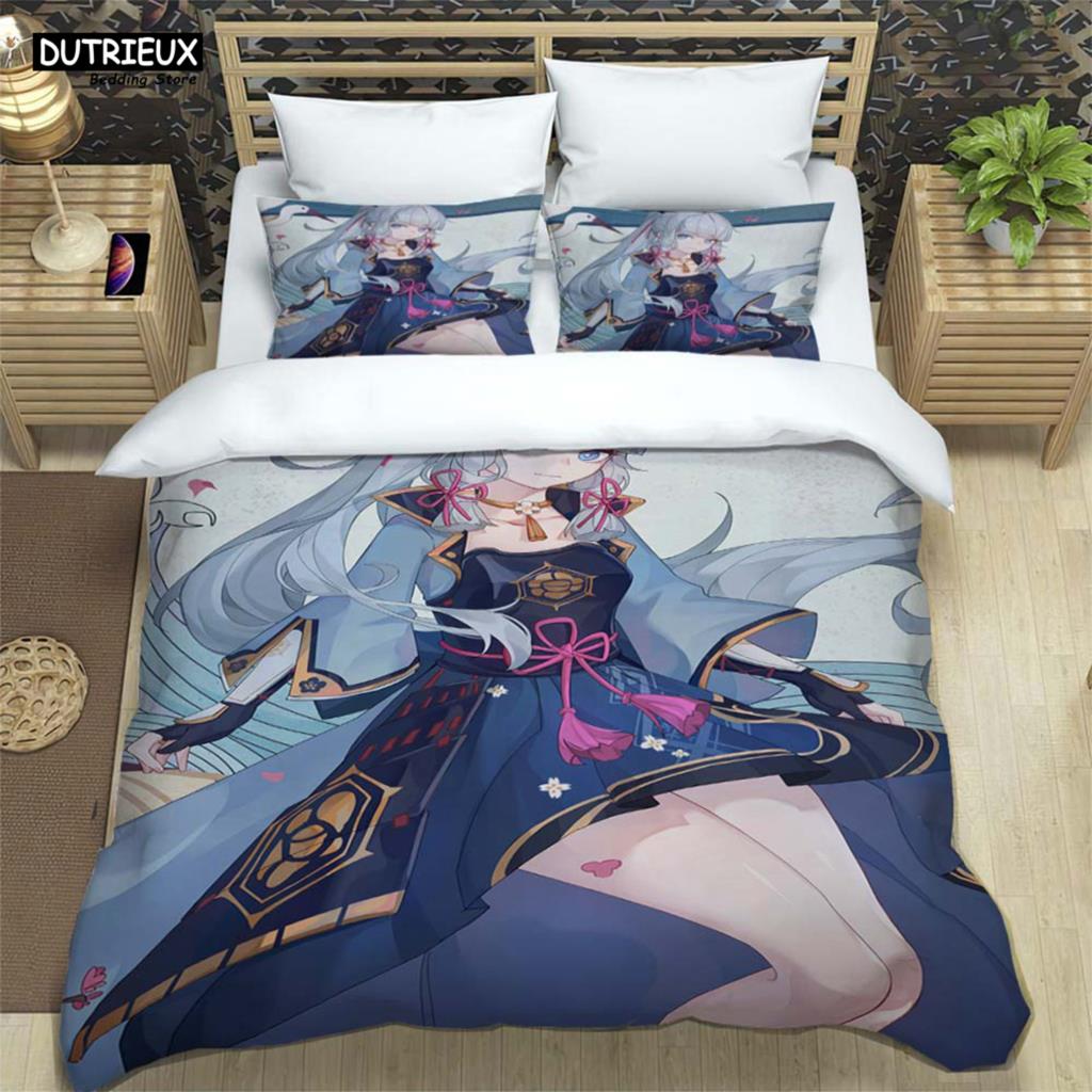 Genshin Impact Bedrucktes Polyester Bettwäscheset Für Jungen Und Mädchen Dreiteilig Bequem Weich Paar Geschenk Bettwäschesets