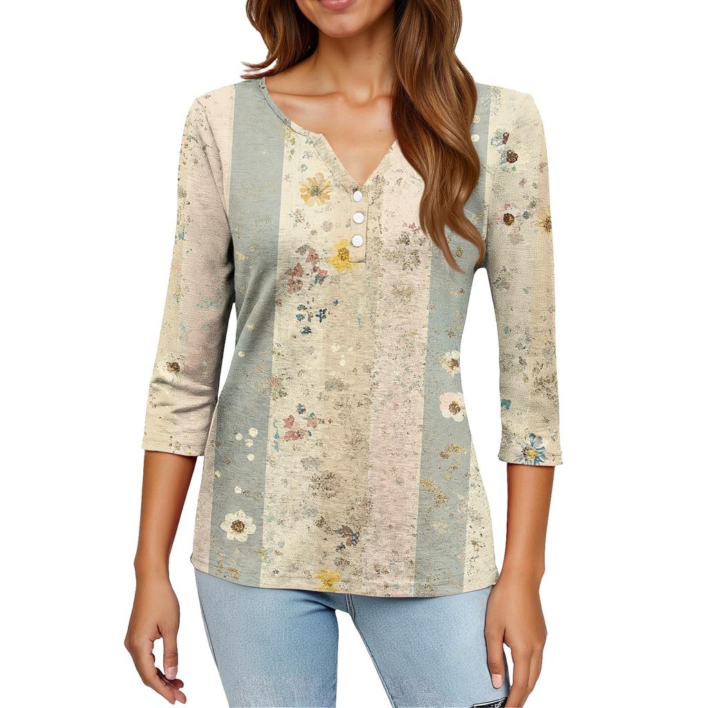 Damska koszulka T-shirt z nadrukiem Rękaw 3/4 Codzienny weekend Moda Podstawowy Dekolt w kształcie litery V Regularny top